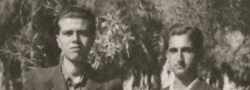1942. John Androulakis and Helias Doundoulakis in Heraklion, Crete, as high school students and members of George's organization. Besides the hand grenade, Androulakis always carried a pistol in his coat pocket.