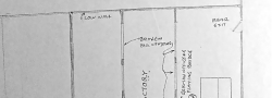 April—December, 1944. The author's drawing of the Jewish textile factory where the wireless was hidden. To the right, the house where four German officers lived, and the location of the card table where they often played bridge. Mrs. Eleni's apartment is at the bottom of the drawing.