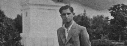 October, 1944. This seemingly innocent youth in Salonica, posing as a businessman, was in reality an OSS agent. Helias Doundoulakis bested the Gestapo's many attempts to find him, photographed here in Salonica just prior to the Germans' retreat.